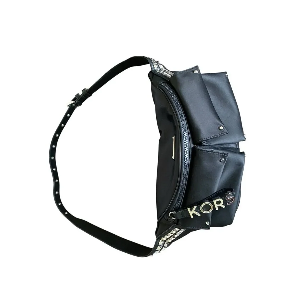 Michael Kors Olivia Large Studded Satin Belt Bag Black Silver Zip Up Goth NWOT